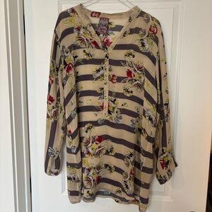 Johnny Was Beige and Purple Floral Blouse